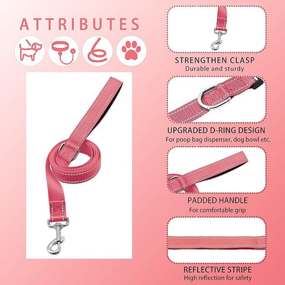 Reflective Dog Collar with Safety Locking Buckle, Adjustable Soft Breathable Nylon Collars for Small, Medium and Large Dogs(Collar+Leash S Width 3/4" Pink)