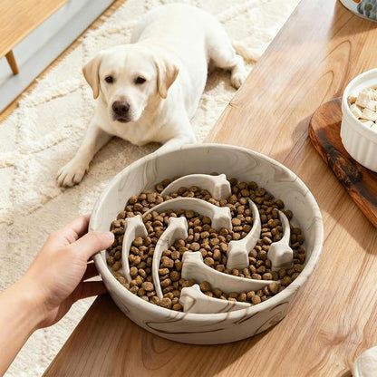 Stoneware Slow Feeder Dog Bowls Large Breed, 2 Cups Slow Eating Dog Bowl with Marble Pattern Design, Weighted Anti Gulping Food Bowl, Non Slip Puzzle Maze Pet Dishes for Fast Eaters, 8.3 inch