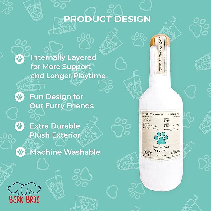 Bark Bros - Liquor Bottle Dog Toy - Plush Squeaky Dog Toys Funny Drink Parody - Alcohol Dog Toy - Dog Birthday Toy - Cute Dog Toys - Puppy Gifts - Puppy Stuff - Dog Stuff (Large, Pupamigos)