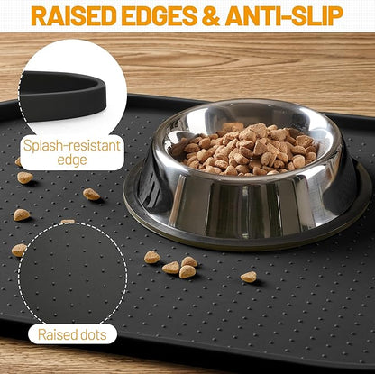 Hubulk 100% Waterproof Silicone Pet Feeding Mat with Raised Edge for Food and Water, Dog Bowl Mats, Cat Bowls Placemat with High Lip Protects Floor for Cats and Dogs (Black, 19" L x 12" W)