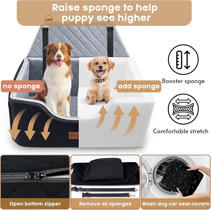 Persure Dog Car Seat for Large Medium Size Puppy Dog,Soft Fabric Dogs Bed Filling Memory Foam,2 Clip-On Safety Leashs and 2 Pockets,Removable and Washable Comfy Pet Travel Car Seat(Black, Large)
