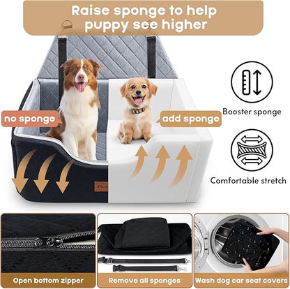 Persure Dog Car Seat for Large Medium Size Puppy Dog,Soft Fabric Dogs Bed Filling Memory Foam,2 Clip-On Safety Leashs and 2 Pockets,Removable and Washable Comfy Pet Travel Car Seat(Black, Large)