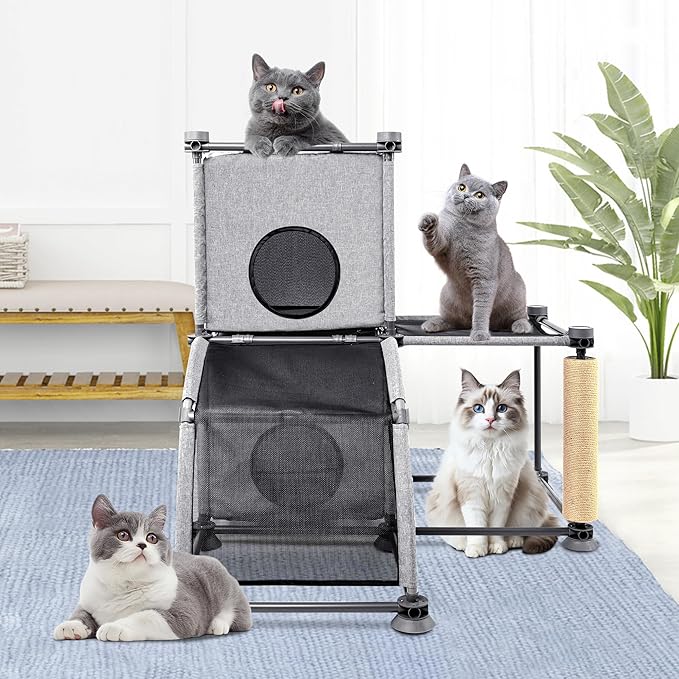 Large Cat Hamock Bed with Scratching Post – Multi-Level Cat Tree with House Condos & Ladder for Indoor/Outdoor Use+Grey/Two-Tier