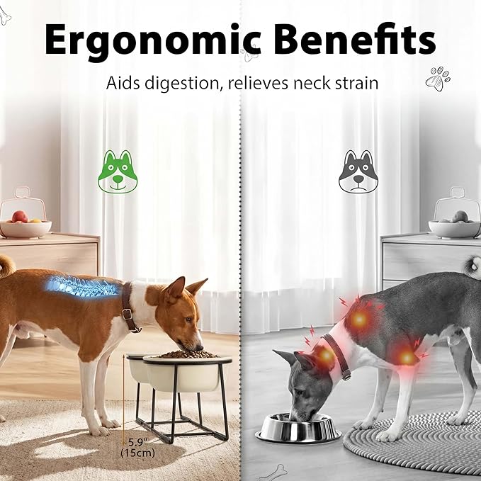 Elevated Ceramic Dog Bowl Set - Double Dishes with Non-Slip Iron Stand - Raised Feeding Station for Food & Water - Ideal for Small and Medium Dogs - 2 × 720ml Capacity - Beige - 15 cm Height