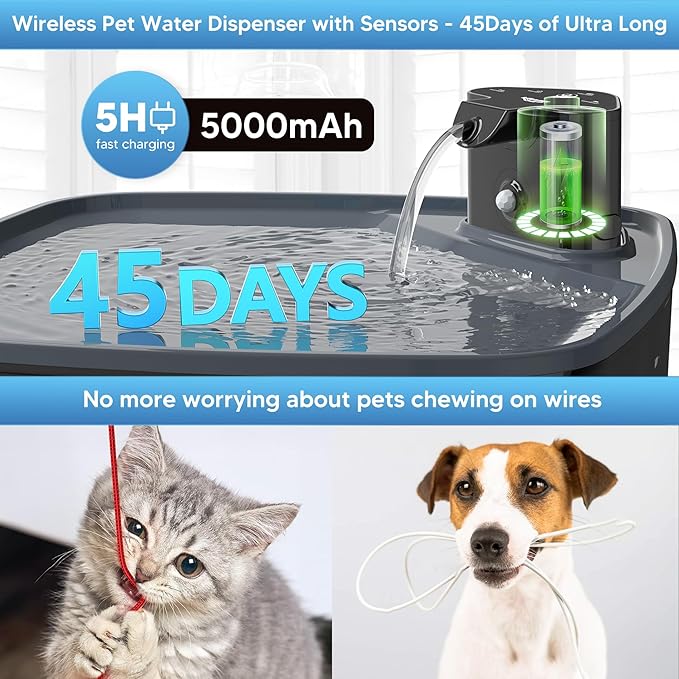 Dog Water Fountain Wireless,2.1GAL/8L Large Dog Water Fountain Battery Operated, Dog Fountain Water Bowl with Sensor,Wireless Smart Pump,Timer,BPA-Free,Ideal for Large Dogs,Multi-Pet Home