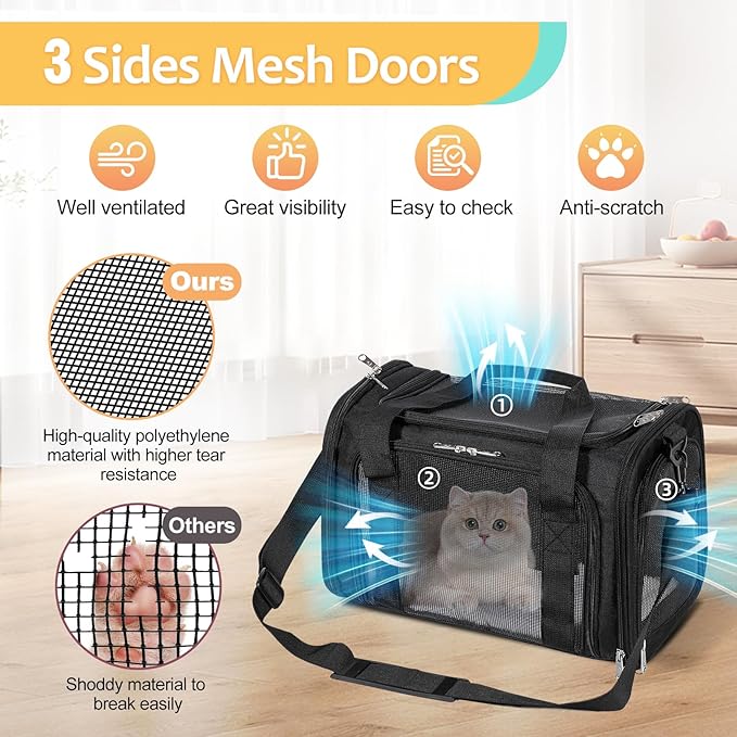 Discala Cat Dog Carrier Up to 15 Lbs TSA Airline Approved Pet Carrier for Small Medium Cats Puppies Dog Carriers for Small Dogs Collapsible Soft Sided Cat Travel Carrier - Black 15.7"x10.2"x10.2"