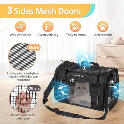 Discala Cat Dog Carrier Up to 15 Lbs TSA Airline Approved Pet Carrier for Small Medium Cats Puppies Dog Carriers for Small Dogs Collapsible Soft Sided Cat Travel Carrier - Black 15.7"x10.2"x10.2"