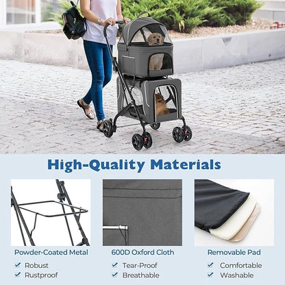 Double Dog Stroller, Foldable 3-in-1 Cat Strollers with 2 Detachable Carriers, Safety Belt, Washable Cover, Removable Pads, 4 Wheels Travel Pet Stroller for Small Medium Dogs(Grey)