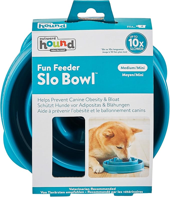 Outward Hound Fun Feeder Slo Bowl – Medium 2‑Cup Capacity,Slow Feeding,Small to Medium Dogs & Cats,Non-Slip,Turquoise,Drop Pattern,(Pack of 12)