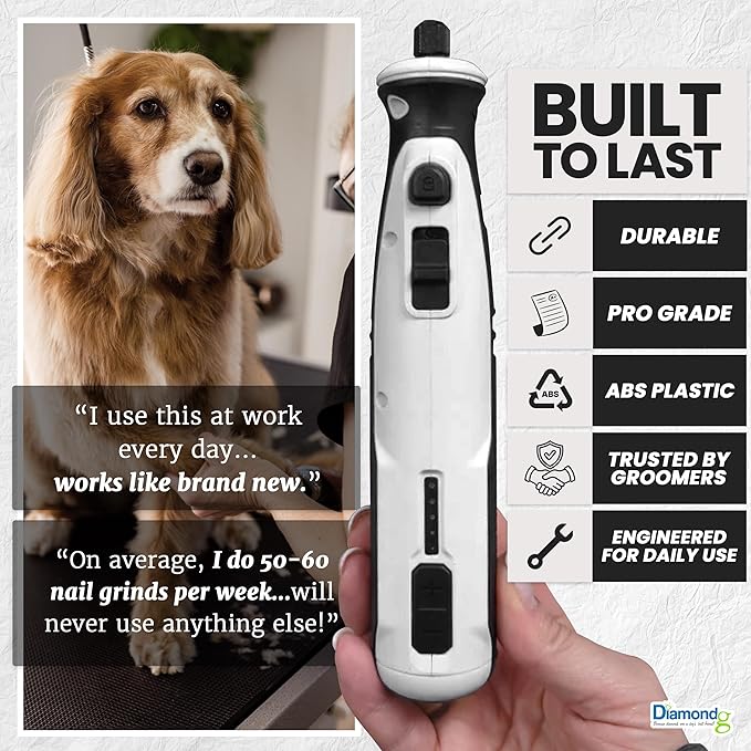 Diamondg Cordless Dog Nail Grinder with Quiet Sound & LED Tip for Large & Small Dogs, 4hrs. Runtime - Electric Dog Nail Trimmer, Heavy Duty Rotary Tool Alternative to Toenail Clippers & Filers