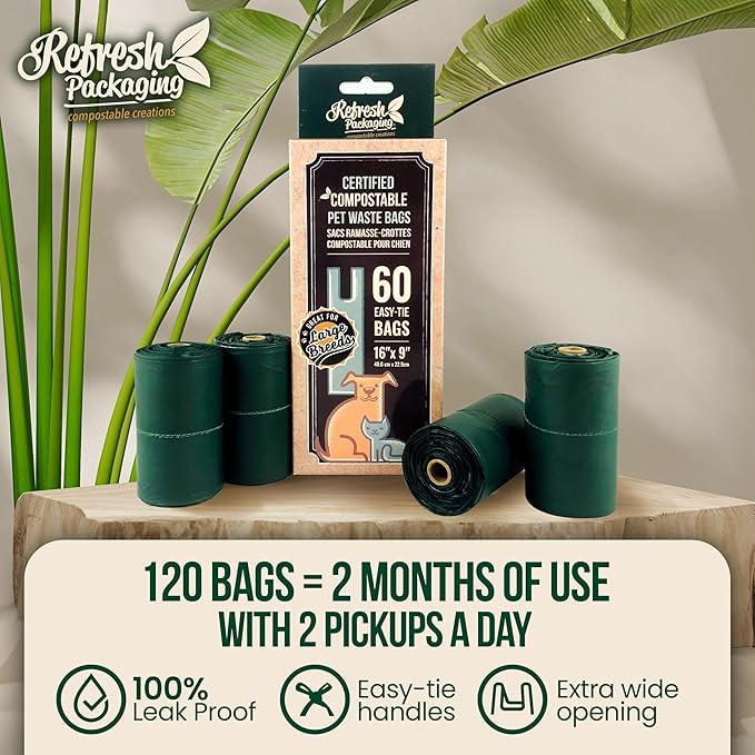 Pet Compost Waste Bags - 100% Certified Compost Dogs Poop Bag - Garbage Holder With Handles - Cat & Dog Poo Litter Disposable Bag - 2 Pack - 60 Bags Per Box