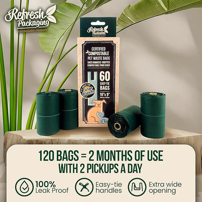 Pet Compost Waste Bags - 100% Certified Compost Dogs Poop Bag - Garbage Holder With Handles - Cat & Dog Poo Litter Disposable Bag - 2 Pack - 60 Bags Per Box