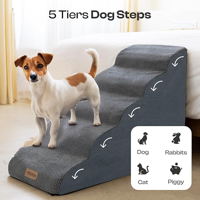 Dog Stairs for High Beds Up to 26", Extra-Tall 24.5" 5-Step Foam Pet Ramp with Washable Cover, Gentle Slope Steps, Bed & Couch Ladder for Small Medium Dogs & Senior Cat, Puppy Climbing Stairs