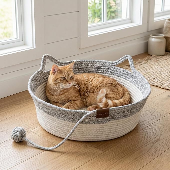 Handwoven Cat Basket with Toy Rope Ball, Foldable Scratchable Cat Hammock Bed, Breathable Cat Basket for Indoor Play Rest Sleeping (Brown)