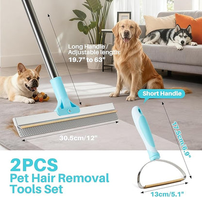 JOYMOOP 2 PCS Pet Hair Removal Tools, 63" Adjustable Long Handle Carpet Rake and Short Handle Carpet Pet Hair Removal, Cat Dog Hair Carpet Rake with Metal and Silicone Scraper for Carpet, Sofa, Cloth