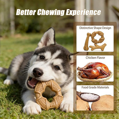 Dog Chew Toys for Aggressive Chewers, 3 Pack Nylon & Wood Teething Bone Toy Set with Chicken Flavor, Durable Tough Bones Chewing Toys for Small & Medium Dogs