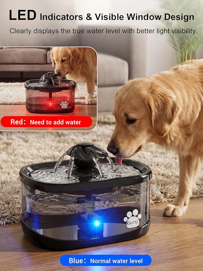 Kastty 9.5L/2.5Gal Dog Water Fountain,Large Pet Water Fountain for Dogs Inside,Quite Dog Water Bowl Dispenser with Water Window & LED,Dog Fountain Water Bowl with Multi-Filtration for Pets(FS82,Black)