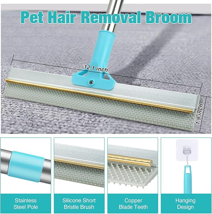 Double-Sided Pet Hair Removal Tool,Adjustable Height Carpet Pet Hair Removal Silicone Broom,Dog Cat Hair Remover Broom for Carpets, Floor Mats,Couch,Floor Squeegee (Blue Carpet Rake)