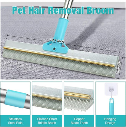 Double-Sided Pet Hair Removal Tool,Adjustable Height Carpet Pet Hair Removal Silicone Broom,Dog Cat Hair Remover Broom for Carpets, Floor Mats,Couch,Floor Squeegee (Blue Carpet Rake)