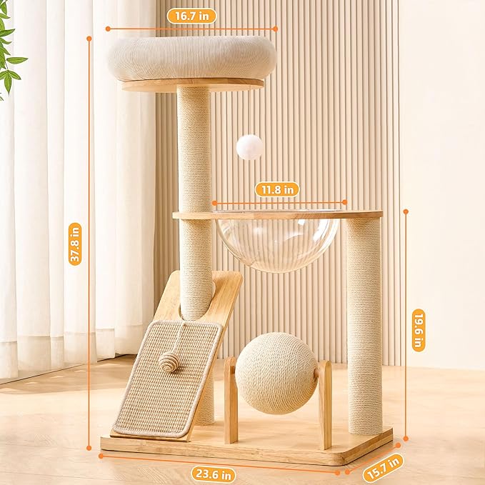 HITTITE Solid Wood Cat Tree Tower with Scratching Post, 37.8 Inches Tall Cat Towers with Scratching Board and Scratcher Ball, Modern Cat Tower With Space Capsule and Removable Top Bed for Indoor Cats.