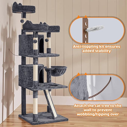Yaheetech | 68.5in Cat Tree | for Large Cats | Multi-Level Cat Tower with 3 Wide Perches, Large Condo | Stable Pet Play House w/Sisal-Covered Scratching Posts & Board | Dark Gray