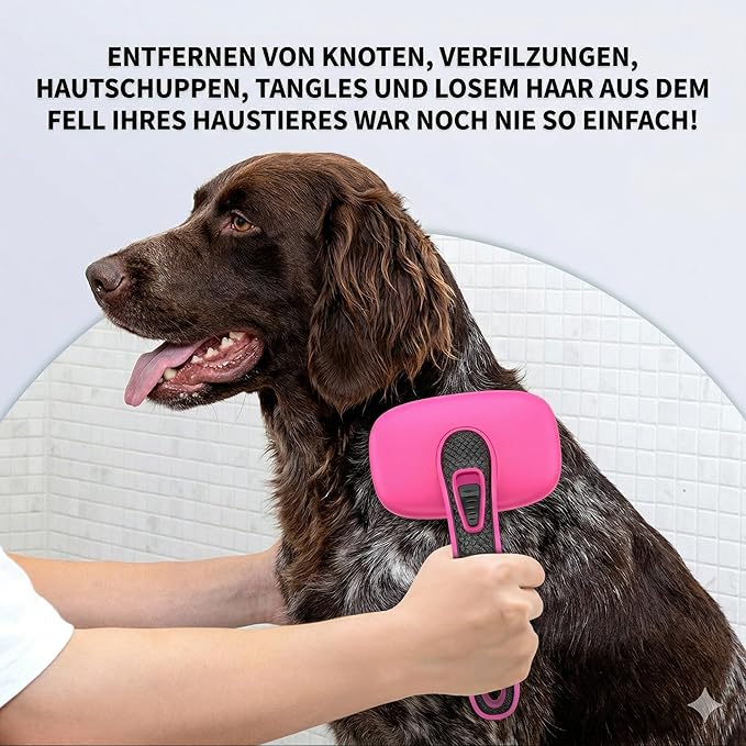 Self Cleaning Slicker Brush for Dog, Cat, Skin Friendly Shedding & Grooming Tool for Long and Short Haired Pets, Easy Clean Retractable Bristles, Pink
