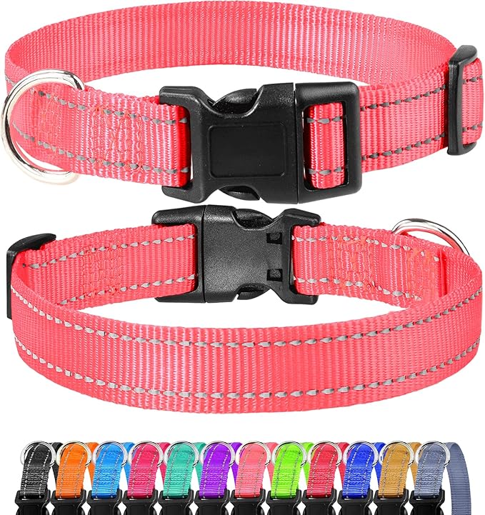 FunTags Reflective Dog Collar, Sturdy Nylon Collars for Large Girl and Boy Dogs, Adjustable Dog Collar with Quick Release Buckle, Neon Pink