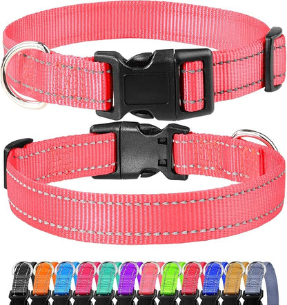 FunTags Reflective Dog Collar, Sturdy Nylon Collars for Small Girl and Boy Dogs, Adjustable Dog Collar with Quick Release Buckle, Neon Pink