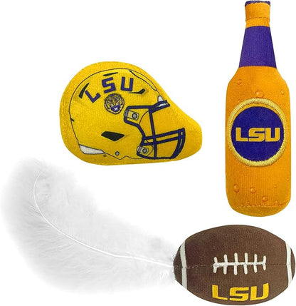 Best Plush CAT Toy - NCAA LSU Complete Set of 3 Piece Cat Toys Filled with Fresh Catnip. Includes: 1 Helmet Cat Toy, 1 Football Cat Toy with Feathers & 1 Beer Bottle. Beautiful Team Logos