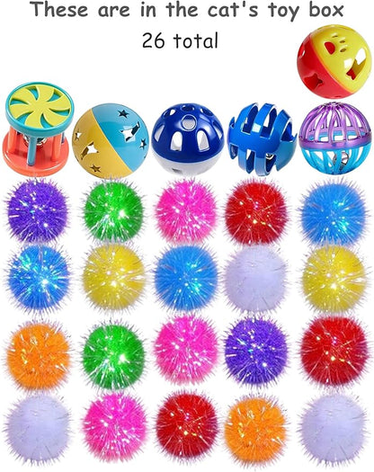 26 Pcs Cat Ball Toys Set for Indoor Cats, Bored Kitten Interactive Bell Balls & Shiny Fluffy Spheres (1.5'' - 2.1'')