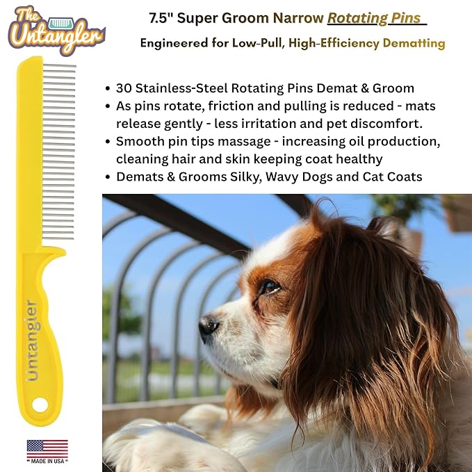 Super-Groom Combs with Smooth Rotating Teeth for Painless Mat Removal (30 Fine-Spaced Teeth, Sun Yellow)