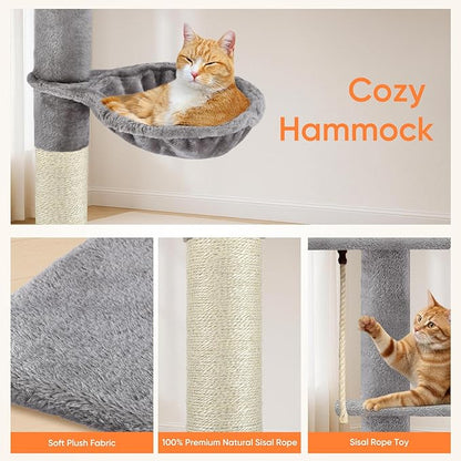 Cat Tree 5-Tier Floor to Ceiling Cat Tree 89-109 Inch, Adjustable Height Cat Tower, Cozy Hammock and Sisal Scratch Post, Provides Vertical Enrichment for Jumping Climbing, Grey