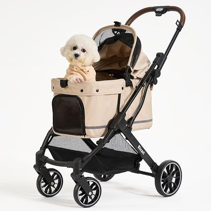 All-Terrain Dog Stroller for Small to Medium Dogs, Pet Stroller for Dogs & Cats Outdoor Walks, One-Hand Easy Fold, Double-Layer Anti-UV & Waterproof Canopy & Breathable Mesh, Vanilla Beige