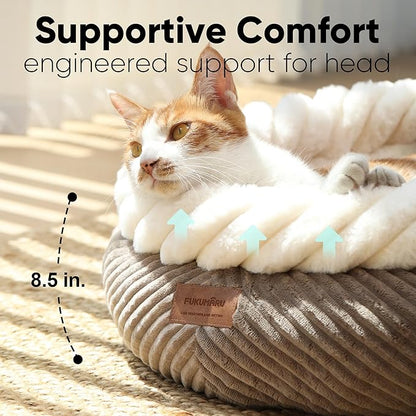 FUKUMARU Cat Bed, Calming Donut Dog Beds, Plush Faux Fur&Corduroy Kitten Beds, Cute Round Washable Pet Bed for Large Cats and Puppy, Cat Cave with Anti-Slip Bottom, 21inch, Camel