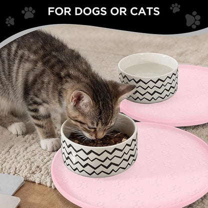 Comtim Waterproof Dog Food Mat - 2 Pack Silicone Pet Food Mat Dog Food Bowl Mats Cat Water Mats Eating Tray, Non-Slip Pet Placemat with Lip for Messy Drinkers to Protect Floor,Pink 11"×11"