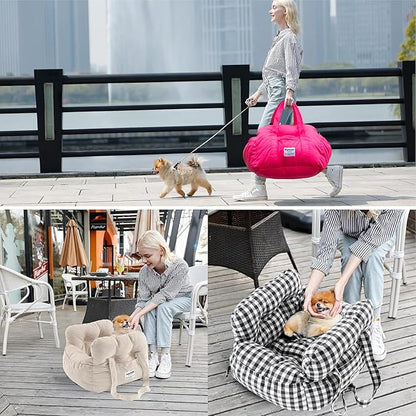Dog Car Seat for Small Dogs, Portable Puppy Car Seat of Easy Installation, Fashionable Pet Carrier Bag with Large Pockets, Machine Washable Dog Booster Seat (Striped Khaki)