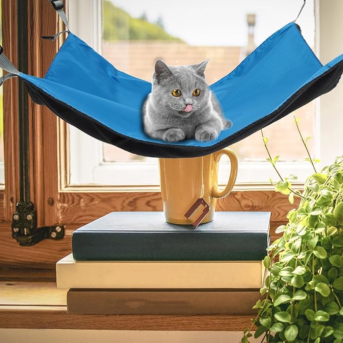FAVOMOTO Waterproof Nylon Pet Hammock for Cats, Double-Sided Thickened Hanging Bed, Blue Reversible Cat Swing Nest for All-Season Indoor Use