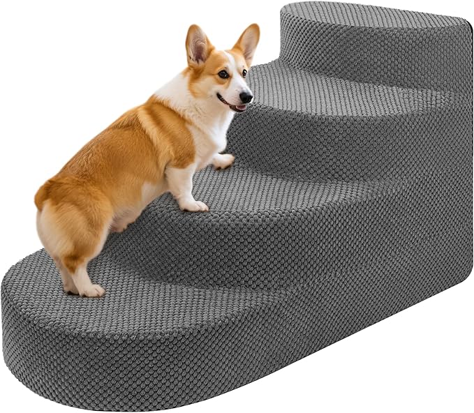 Dog Stairs for Small Dogs, Foam Steps for Small Dogs & Cats, 4 Steps Dog Ramp for High Beds, Couch, Window, Sofa, Pet Stairs with Removable Washable Cover, Non-Slip Sturdy Pet Steps, Gray