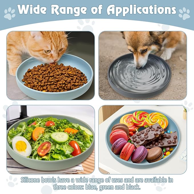 BNOSDM Silicone Dog Bowl Non-Slip Cat Food Plate 2 Pcs Flat Dog Bowls with Suction Cup Shallow Puppy Food and Water Dish for Small and Medium Pets (Steel Gray)