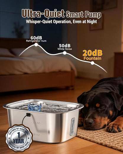 PETNF 3-Gallon Stainless Steel Dog Water Fountain for Large Dogs, Dog Water Bowl Dispenser with 4 Filters, Visible Water Window, Quiet Pump & LED Low-Water Indicator