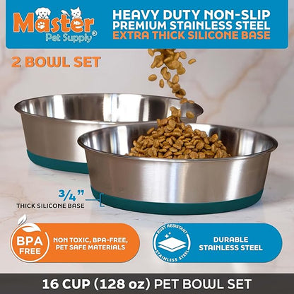 Master Pet Supply Stainless Steel Dog Bowls Set of 2 with Extra Thick Silicone Base - 16 Cup (128 oz) Emerald Sea, Non-Slip, Dishwasher Safe Metal Bowls, Pet Dog Food Bowl for Dogs, Cats, Anti Rust