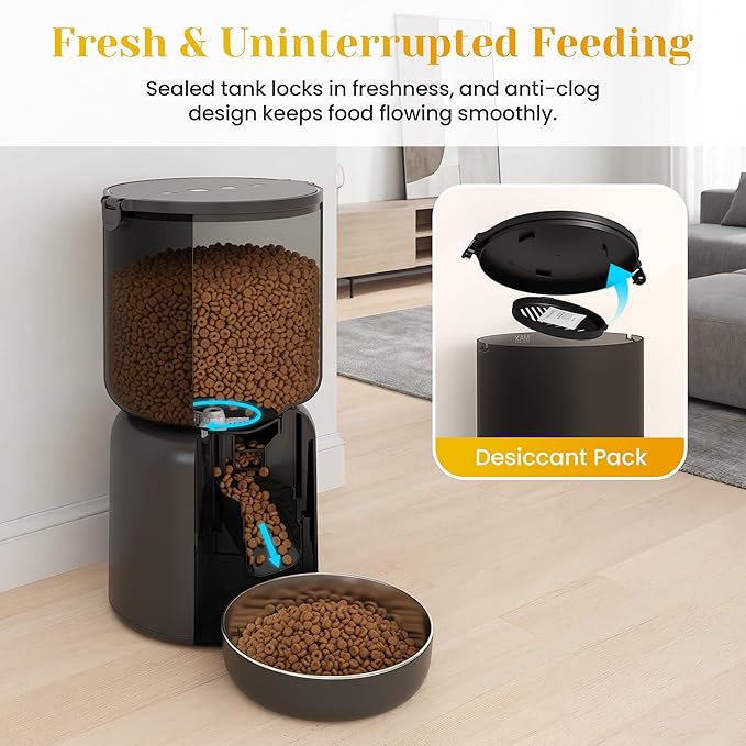 Fansafurn Automatic Cat Feeder with 2K HD Camera, Automatic Dog Feeder with App Control via 2.4G/5G WiFi, Dual Power System & Voice Recording, 4L Food Dispenser for Cats and Small Dogs, Black