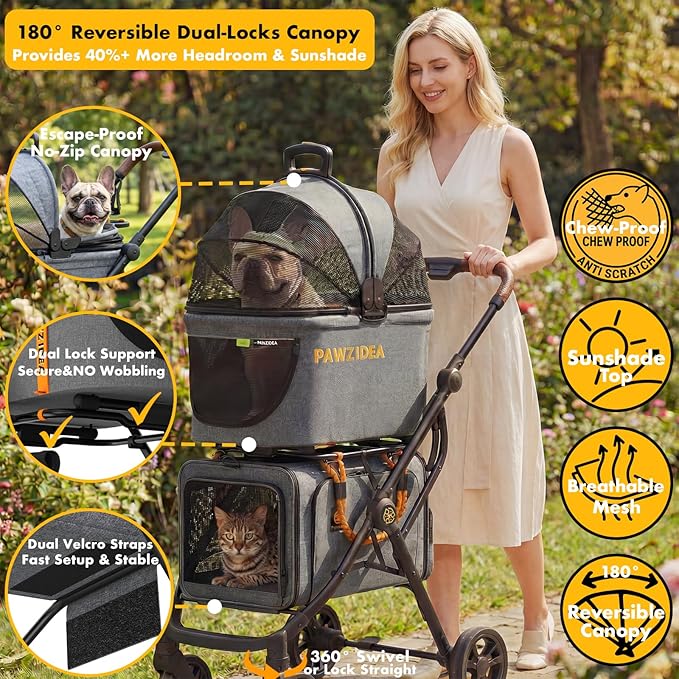 PAWZIDEA Double Pet Stroller with 2 Detachable Carrier, Lightweight Portable Travel Crate & Car Seat Combo & TSA-Approved Expandable Carrier, Foldable Jogger Stroller for 2–4 Cats or Small/Medium Dogs
