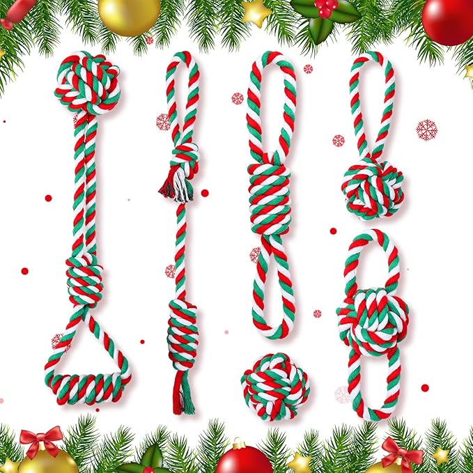 Zubebe 16 Pieces Christmas Dog Rope Toys Christmas Dog Chewing Toys Classic Interactive Toys for Christmas Large Medium Dogs Chewing Teething Cleaning and Training