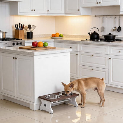 Piskyet Elevated Dog Bowls, Dog Bowls Stand, Raised Dogs Bowl's with 2 Stainless Steel Wooden Dogs Bowl,3.5Cups6''H_30 oz Bowl-Farmhouse Style