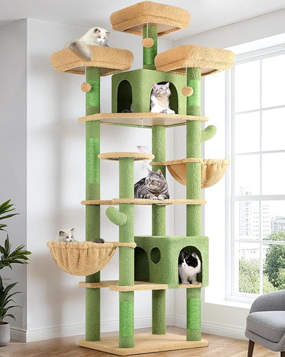 Globlazer Cactus Cat Trees and Towers for Multiple Adult Cats, 82-inch XXL Tall Cat Tree Tower for Indoor Cats with Scratching Post, 3 Perches, 2 Condos, 2 Hanging Baskets, F82, Green