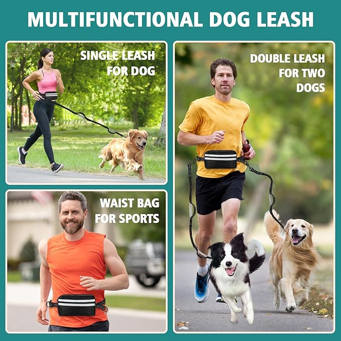 Hands Free Dog Leash for 2 Dogs with Safety Lock and Extra-Thick Waist Belt, Waist Leash for Dog Walking Running, Double Retractable Dog Leashes for Two Dogs with Double Padded Handles, Black