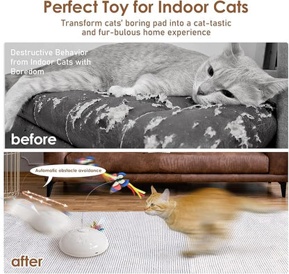Cat Toy, Interactive 3 in 1 Moving Cat Toys with Butterfly, Feather, LED Light, Rechargeable, Automatic Sensing Kitty Teaser Wand (White)