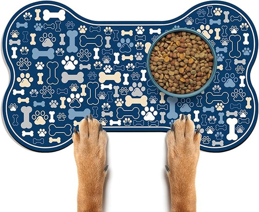 Dog & Cat Food Mat Bone Shaped Pet Feeding Mat Quick Absorb Water Bowl Placemat with Rubber Backing Indoor Floor Stain Resistant Pet Accessory Supplies (Blue, 17x29 Inches)