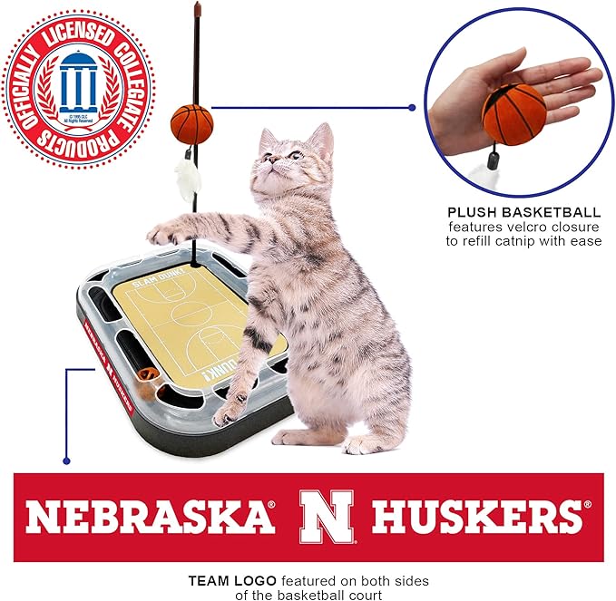 NCAA Nebraska Cornhuskers Basketball Court Cat Scratcher Toy - 6-in-1 Interactive Cat Toy with Catnip-Filled Plush Basketball